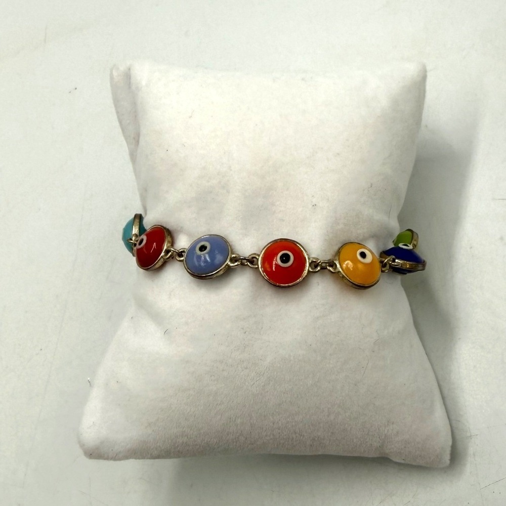Multi Color Enamel Evil Eye Link Bracelet Silver Tone Nazar Protection Jewelry
